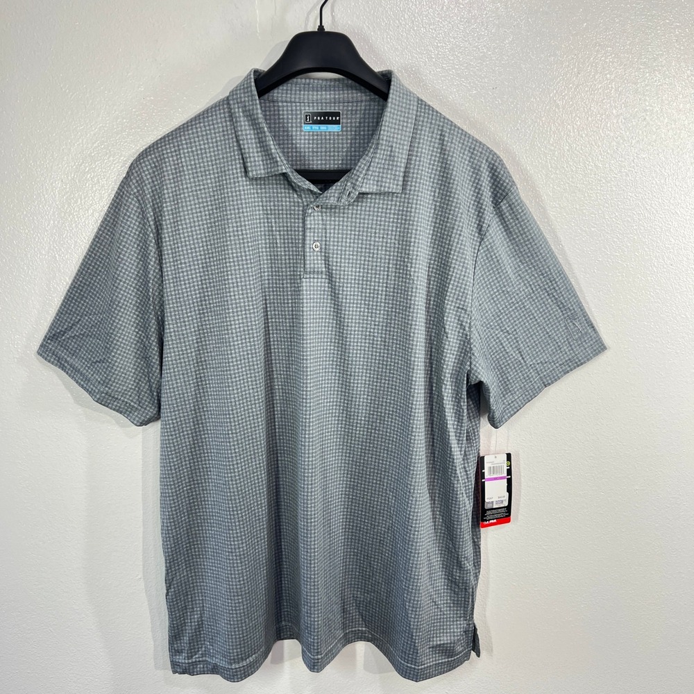 PGA TOUR Men Mini Windowpane Short Sleeve Golf Polo Shirt Gray XXL  Performance‎